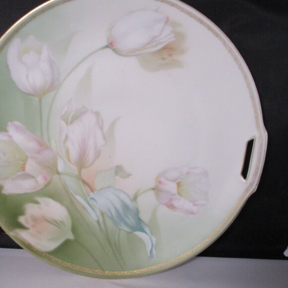 Hand Painted vintage porcelain serving plate with handles - tulips - Picture 3 of 8